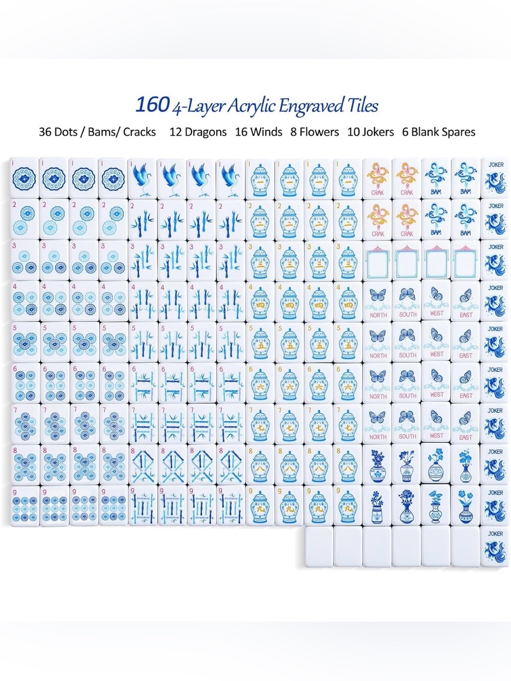 166-Piece Blue & White Mahjong Tile Set, Mahjong Mat and Matching tile bag - Picture 7 of 9